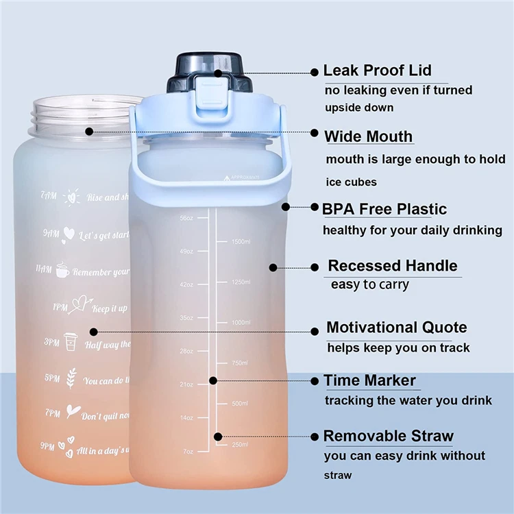 Customized Custom Logo Drink Bottle Bpa Free 2L 2 Lts Liter 2023 Motivational Gym Fitness Sports Water Bottle With Straw