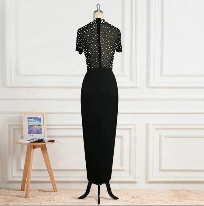 Women Fashion Sexy Dress Open Hairpin Round Neck Tulle Beaded Short Sleeve Women Evening Party Dress