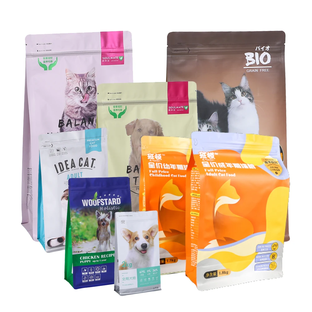 strong plastic heat recycle quad seal side guesset dry pet cat dog food slider zipper bag stand up pouch side for packaging bag
