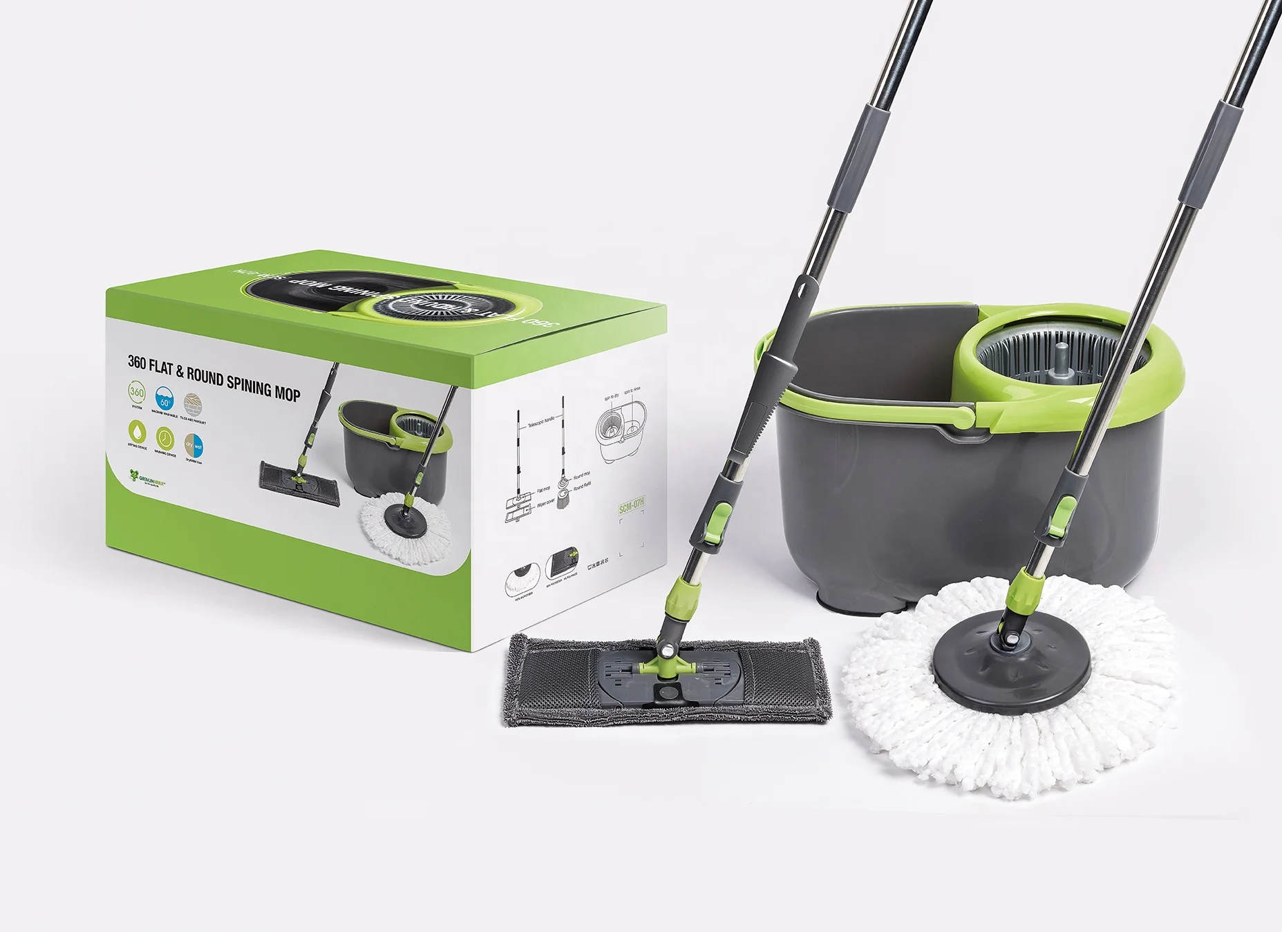 Hot Sale 360 Degree flat and round Spin Mop ( 1 bucket with 2 mops)