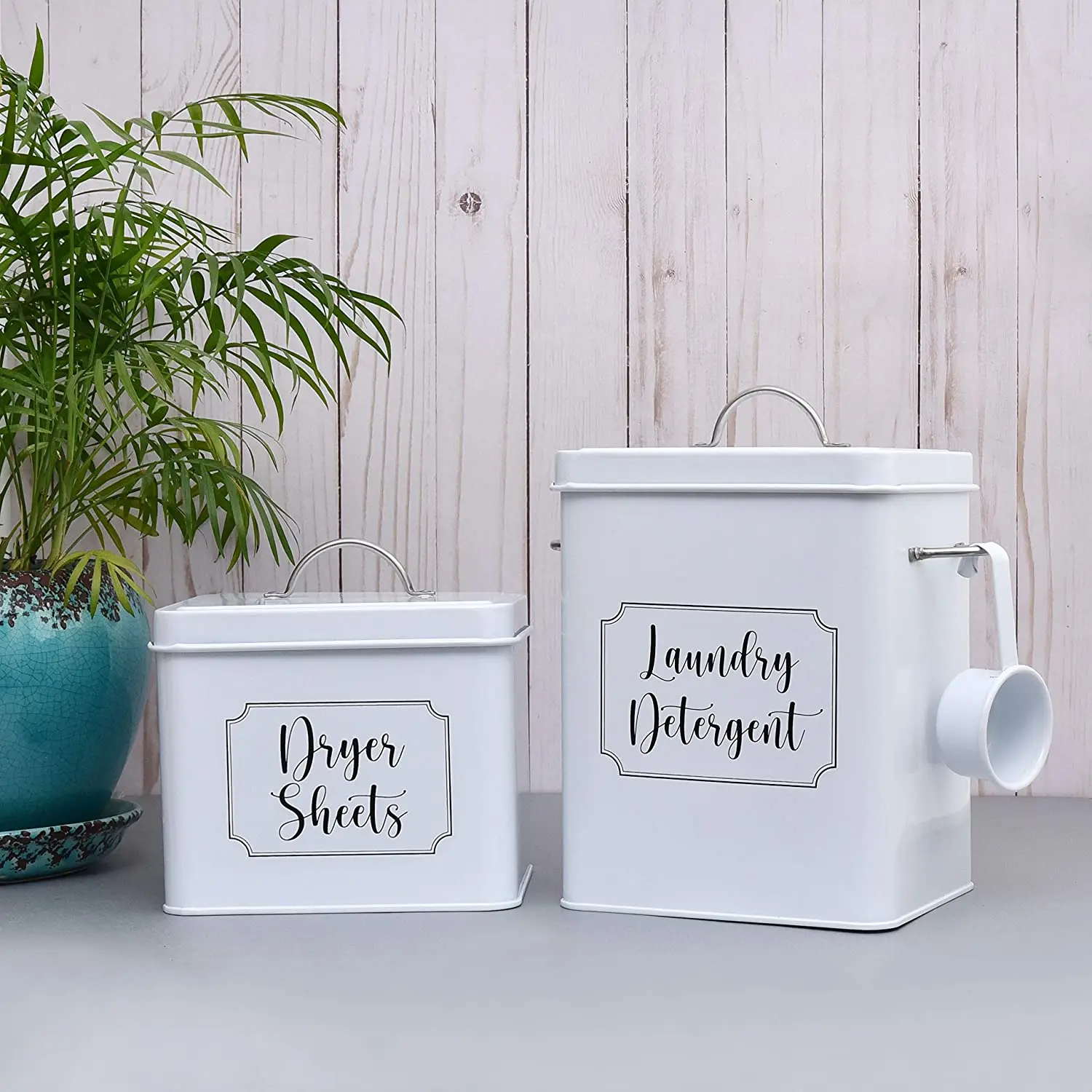 European Style Modern Laundry Powder Storage Box Washing Tablet Retro Metal Container Tin With Scoop