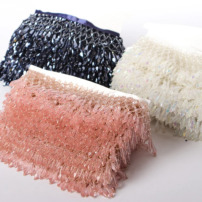 LS983 Hot Sale Fashion 5 CM Iridescent Glass Crystal Beaded Lace Trim Mesh Weaving Fringe Tassel Trim