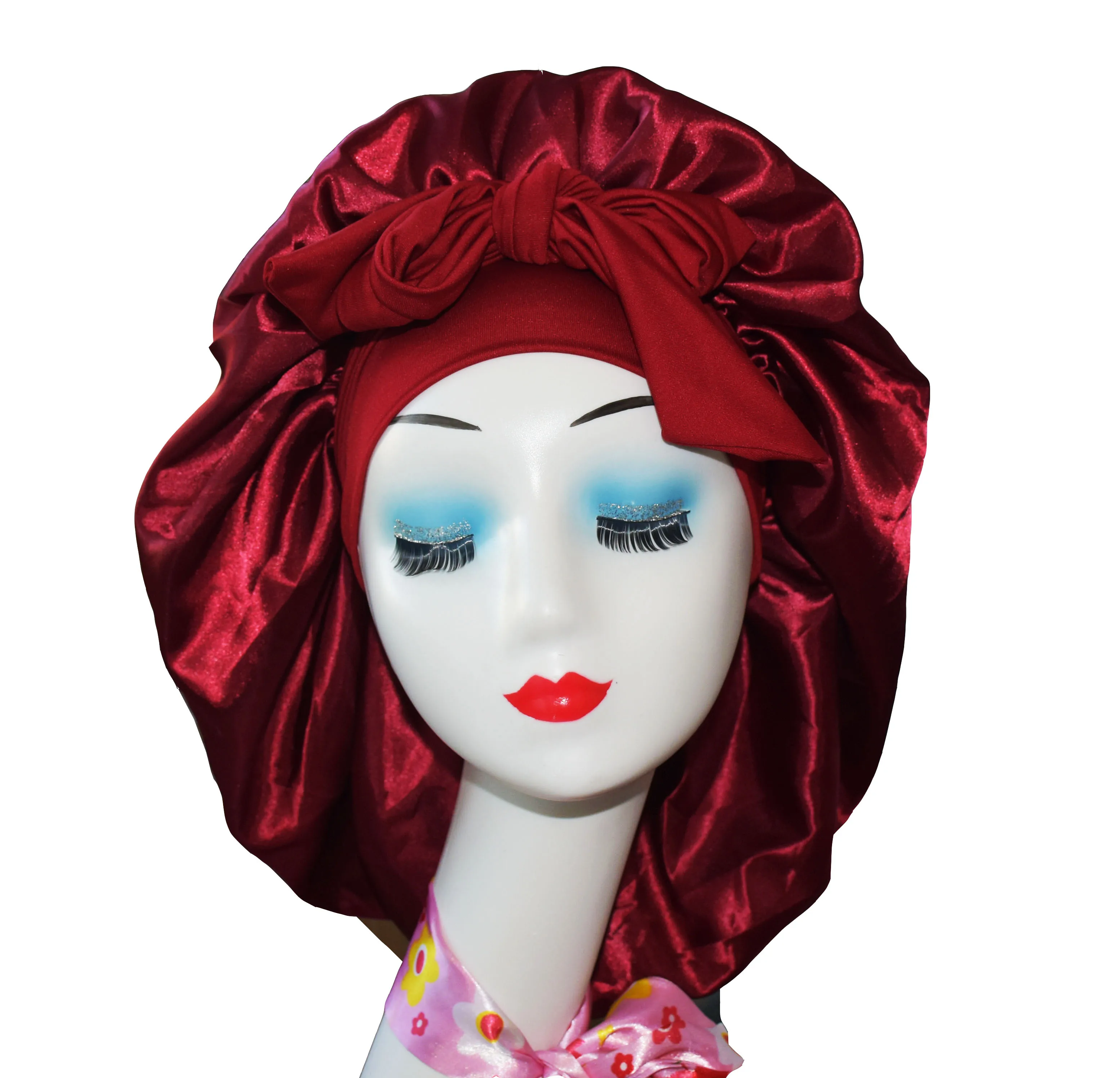 
2020 wholesale custom logo fashion silky satin hair head bonnets with tie band and wig wrap 