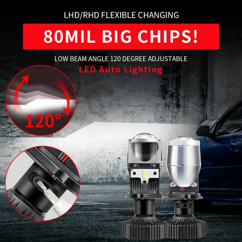 LED auto Headlight mini lens projector 6500K super power 110w 25000lm led headlight projector h4 for cars