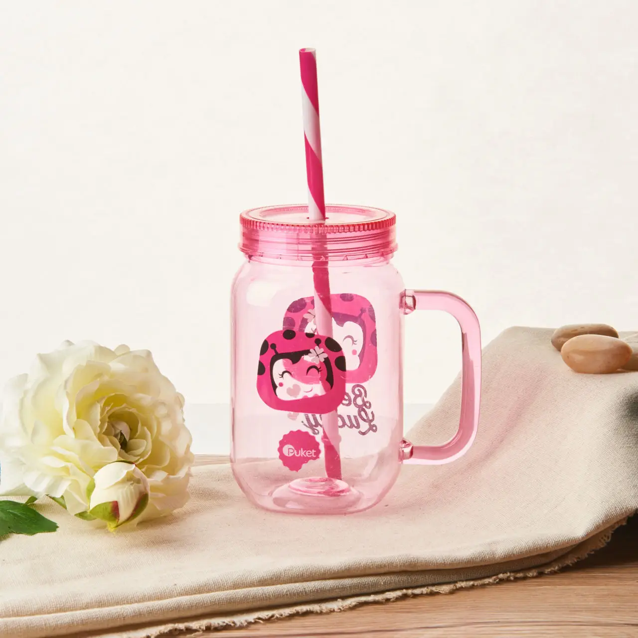 500 ml custom plastic drinking mason jar with handle and straw