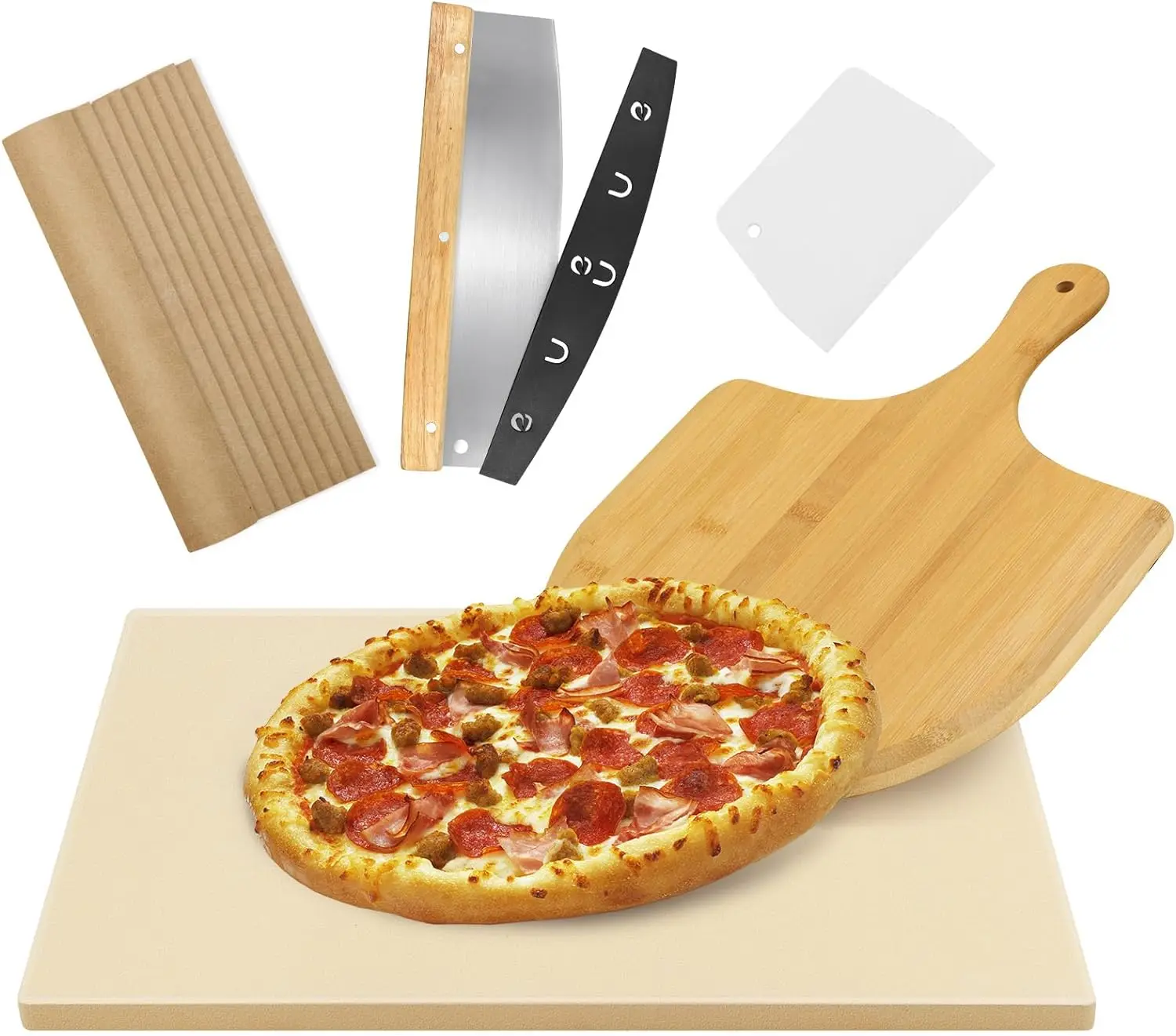 Pizza Stone With Bamboo Wood Pizza Peel For Grill Set of 2 Pizza Tool, Baking Stone for Oven, Gril and BBQ
