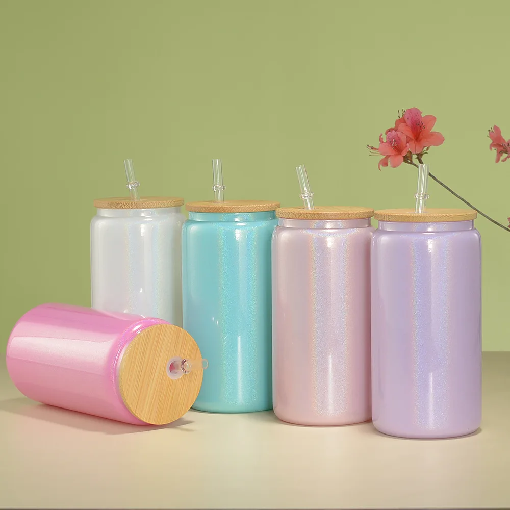 2024 New Design 16oz Shimmer Sublimation Beer Glass Can with Lid and Straw Sparkling Rainbow Iridescent Glass juice cups Tumbler