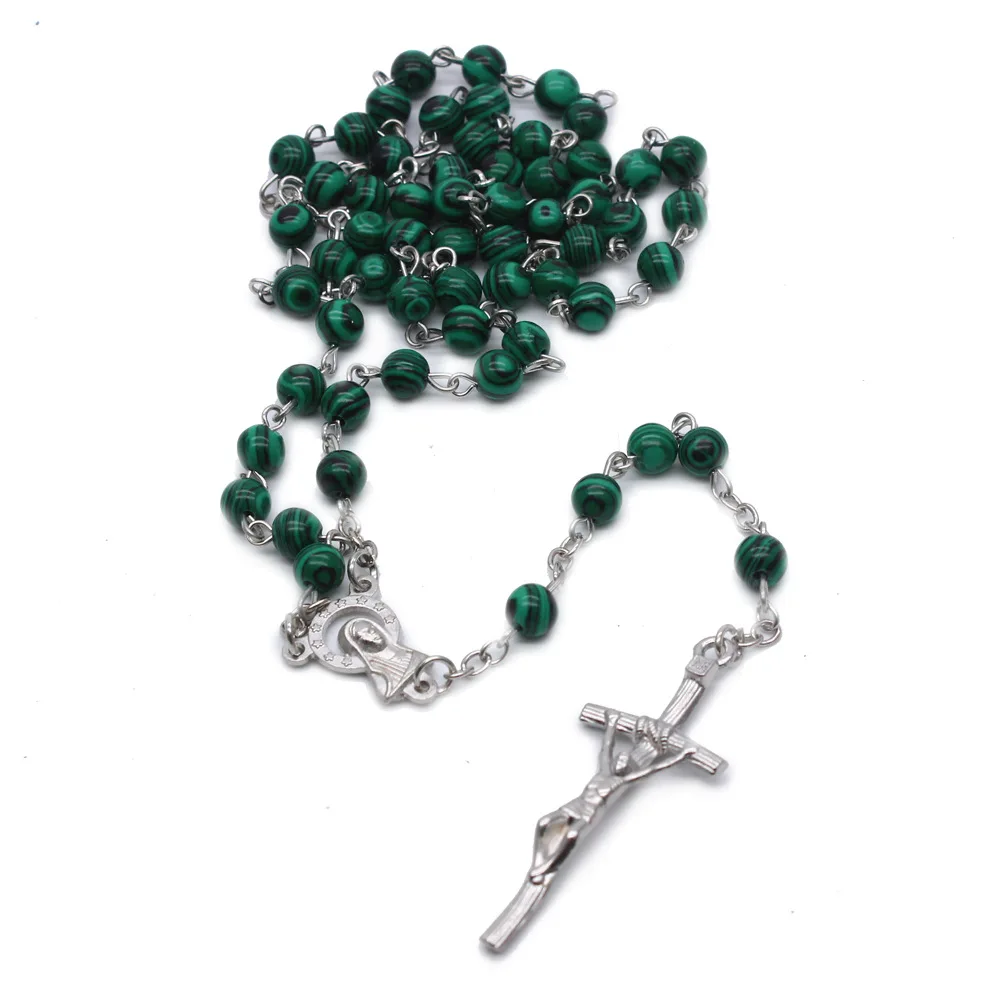 Malachite Natural Stone Catholic Rosary Necklace High end Cross Statue Christ Religious Supplies