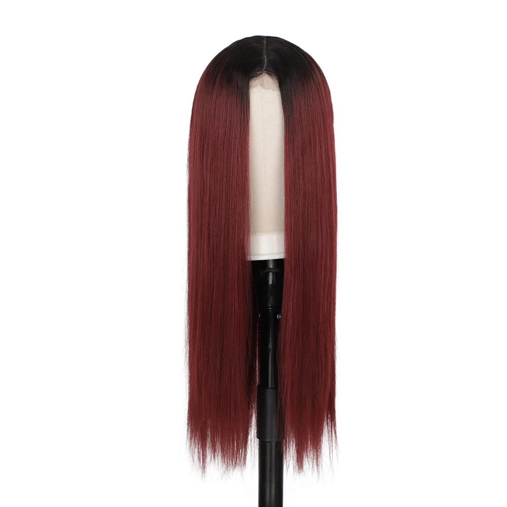 Fashion Style 28inch Wine Red Smooth Women Lace Synthetic Hair Wigs For Daily Use