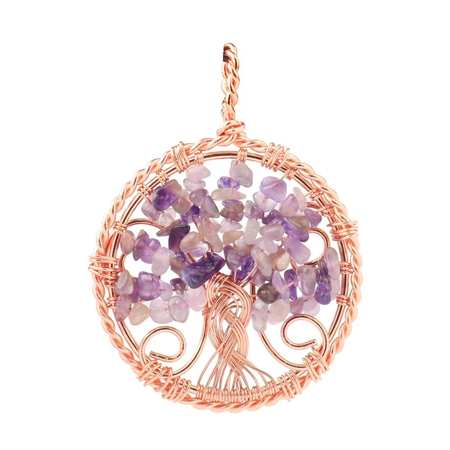 Handmade Copper Wire Wrapped Natural Amethyst/Rose Quartz/Tiger Eye Stone Necklace Pendant Jewelry For Women