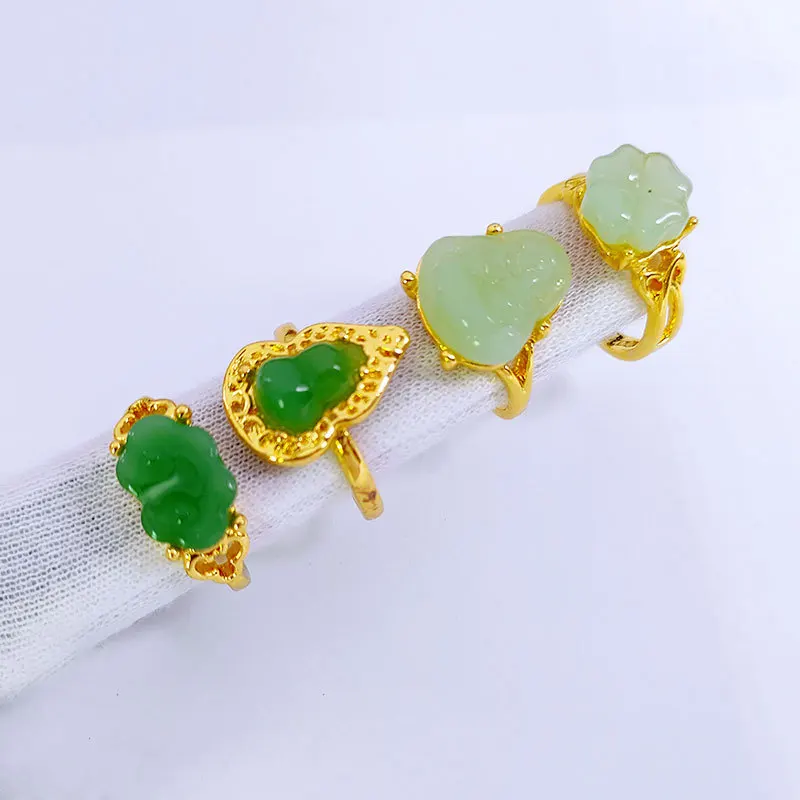Vintage Style Chinese Gold Jade Ring Gold Plated Ring Zircon Mix Bulk Gemstone Opening Adjustable Ring