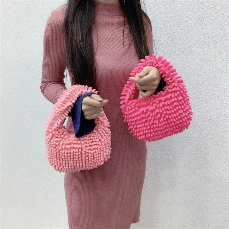Custom Logo Minimalist Fuzzy Top Handle Mini Neon Pink Ruched Solid Fluffy hobo Satchel Bag for lady women girl