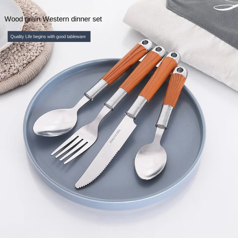 Wood Grain Tableware Steak Knife Fork Small Tea Spoon 410 Stainless Steel Cutlery Sets 24PCS Portable Dinnerware Flatware Sets