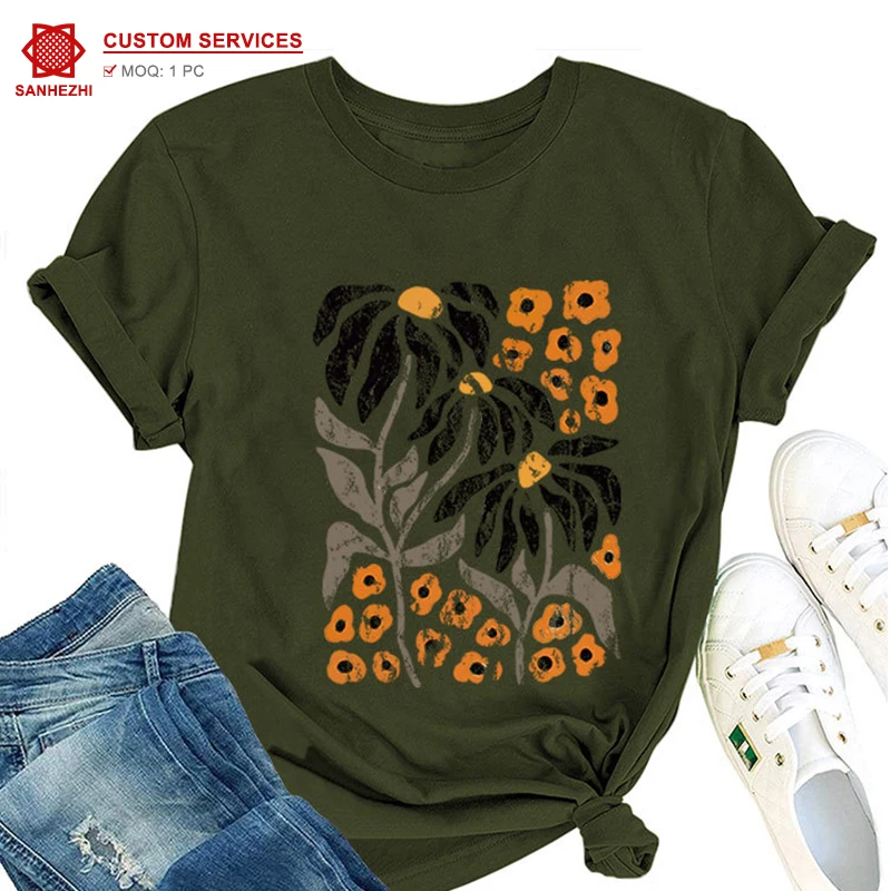 High Quality Summer Holiday Vocation Plant Prints Short Sleeves Cotton Spandex Fabric Scoop Neck Oversized T-Shirt