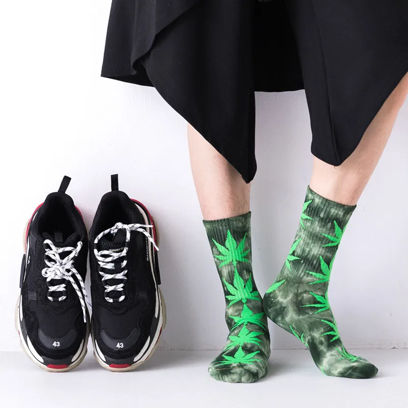 Spring Summer New Socks Men Women 13 Color Choices Weed Leaf Hemp Plant Leaf Print Hip Hop Couple Tie Dye Sports Socks