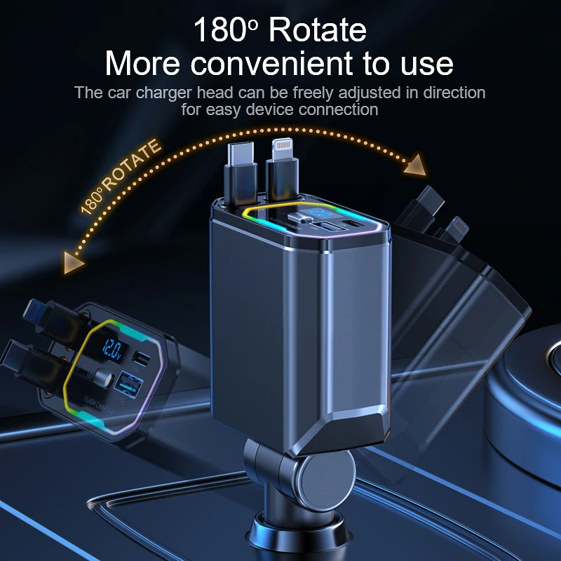 2024 New 120W LED Digital Display Car Charger 4-in-1 Quick Conversion Station C Type PD Retractable Car Charger