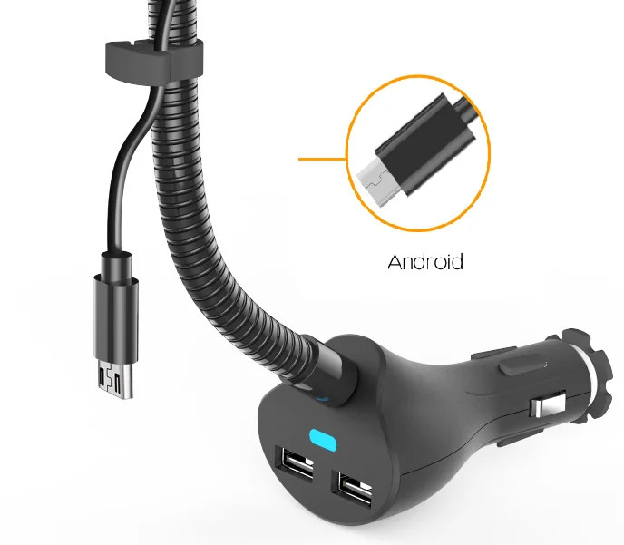 soporte celular 3.1 A dual USB ports built-in QC3.0 micro usb /type-c cable phone charger with flexible gooseneck car bracket