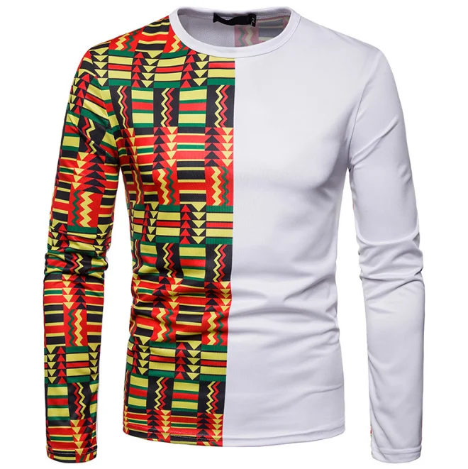 New Fall Ethnic Costume Tops Wear Clothes 3D Printed Plus Size Round Neck Long Sleeved White Africa Men T-shirt