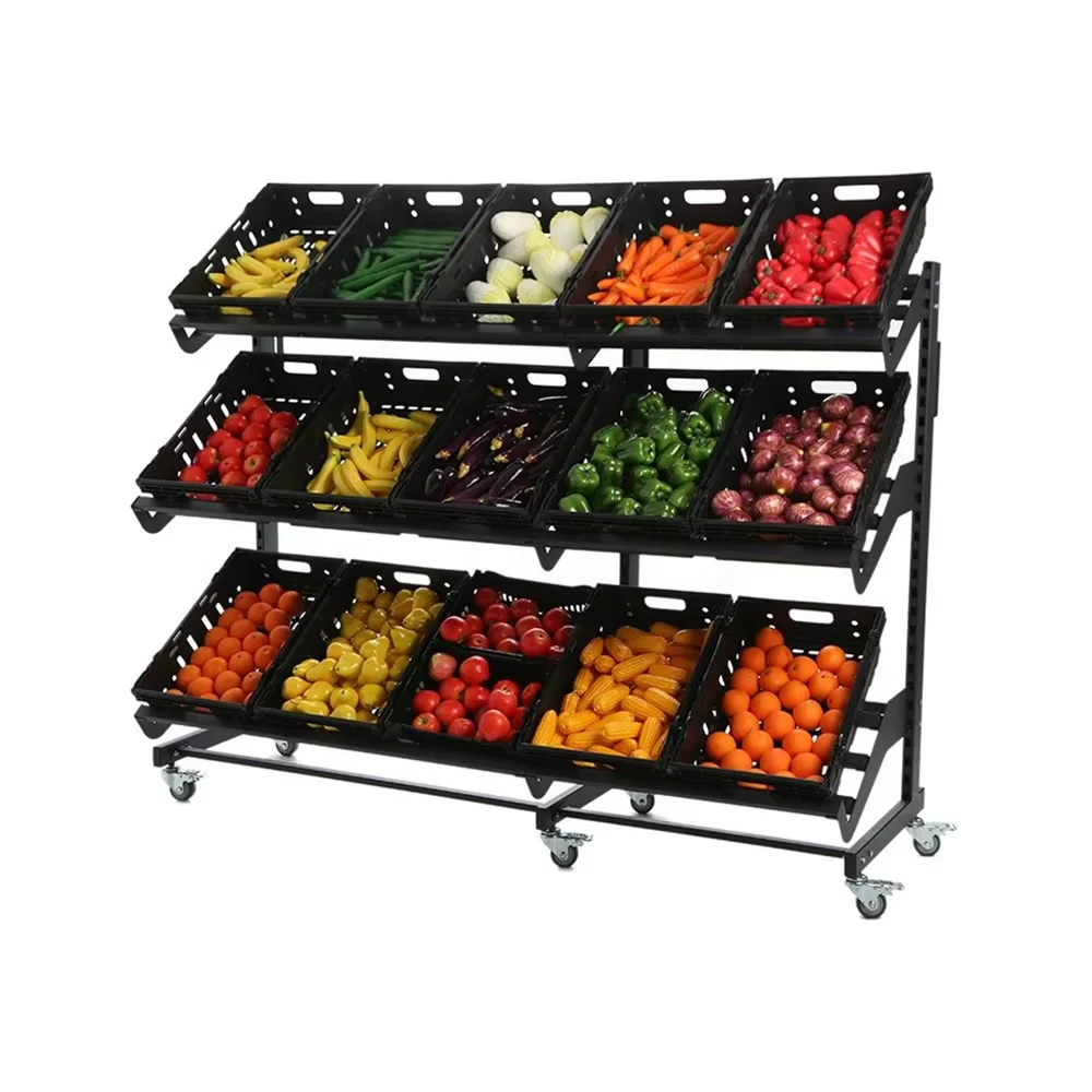 Ownace 2000mm Mobile Fruit Vegetable Displays Supermarket Shelf Fresh Fruit Stands Display Racks With Basket Gondola For Fruit