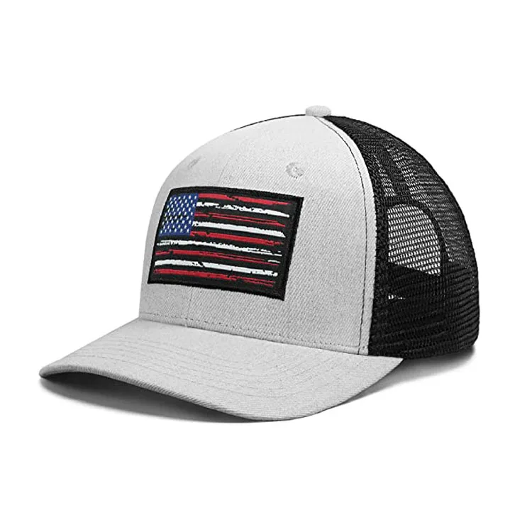 2022 Wholesale Custom 6 Panel USA Flag Trucker Cap Woven Patch Trucker Hat Twill Mesh Snap Back Hats Caps