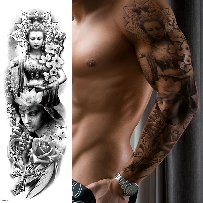 Wholesale Large Full Arm Waterproof Temporary Tattoo Sticker Sleeve Tattoo Lion Crown King RoseWild Wolf Tiger Men Skull