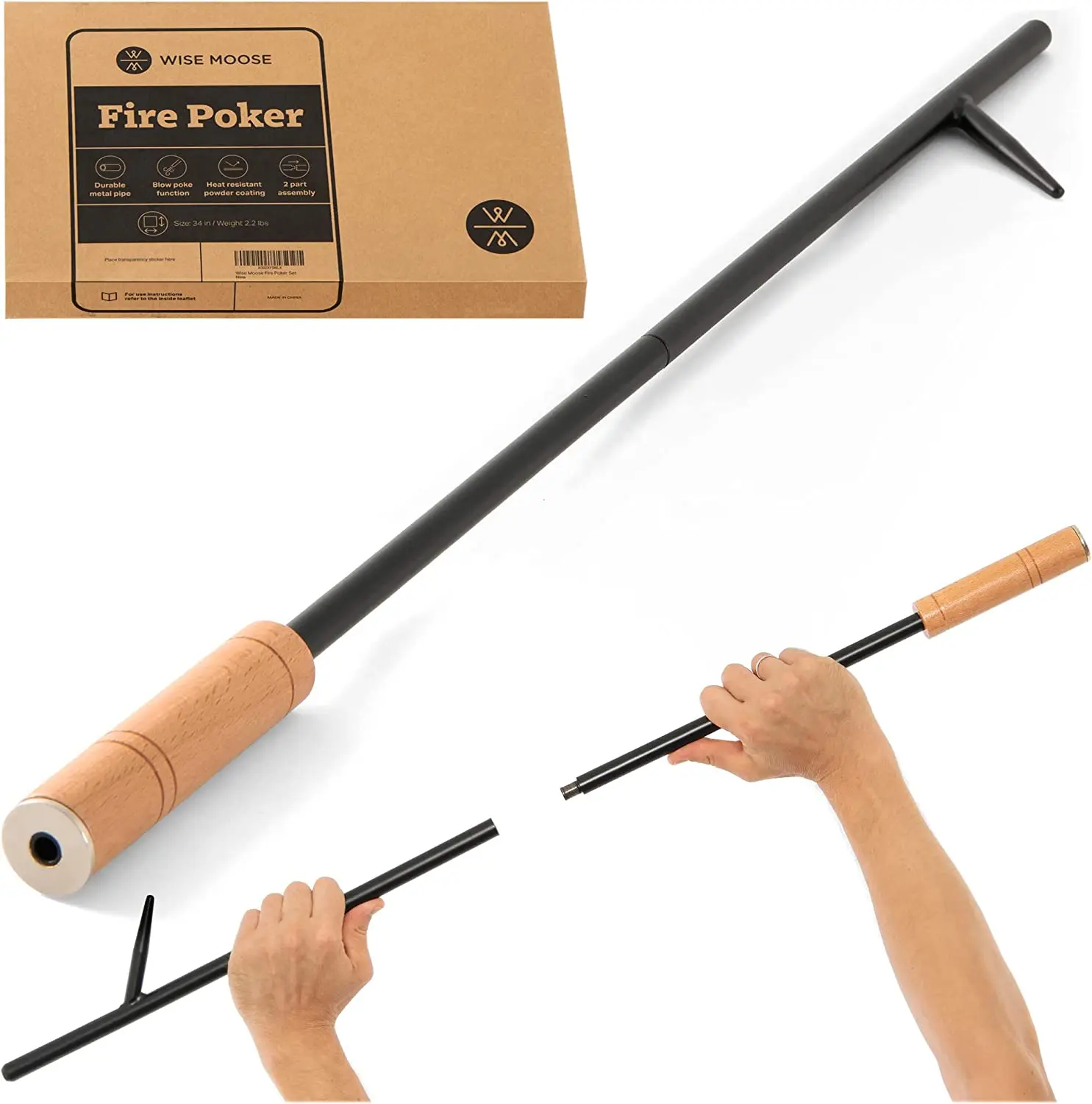 Indoor Outdoor 34 Inch Wooden Handle Metal Fireplace Tool 2 Part Assembled Fire Pit Poker