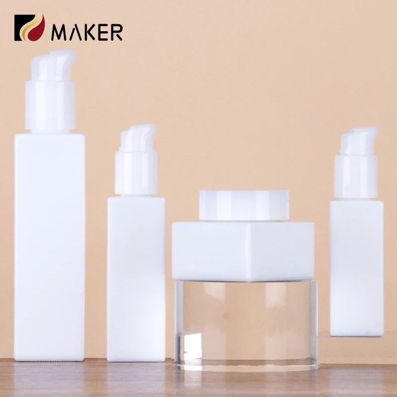 Empty Square White Jade Glass Cosmetic Bottle Set 30ml 50ml 100ml 120ml 50g Cream Jar Emulsion Lotion Bottle With Bamboo Lids