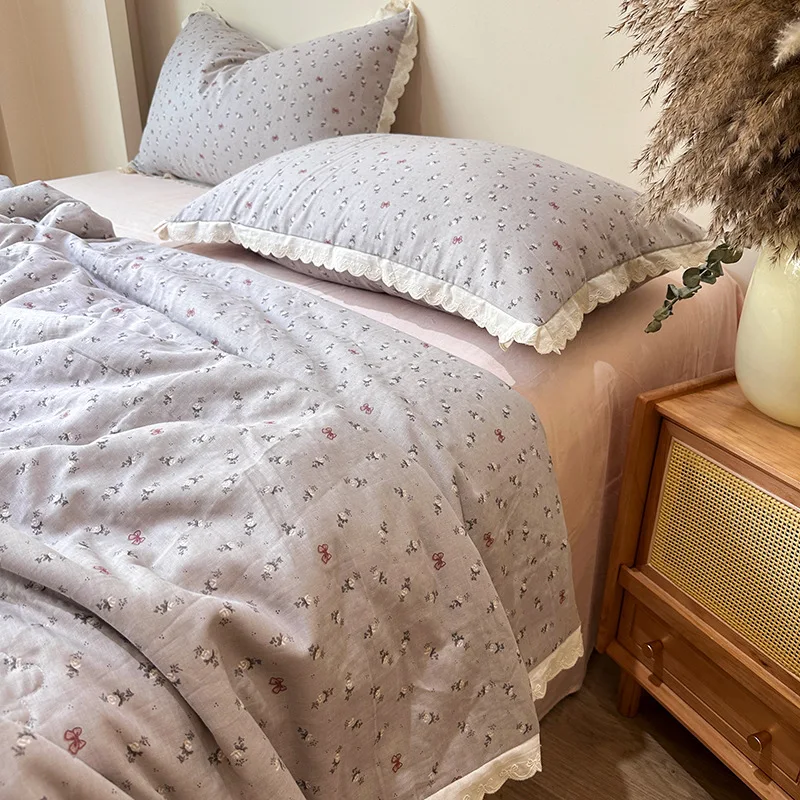 Pure cotton double-layer yarn lace summer cool quilt soybean fiber air conditioning quilt four piece set