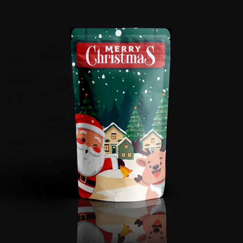 Custom Sweet Gift Packaging Plastic Stand Up Zipper Pouch Unique Merry Christmas Candy Bag With Clear Front Window