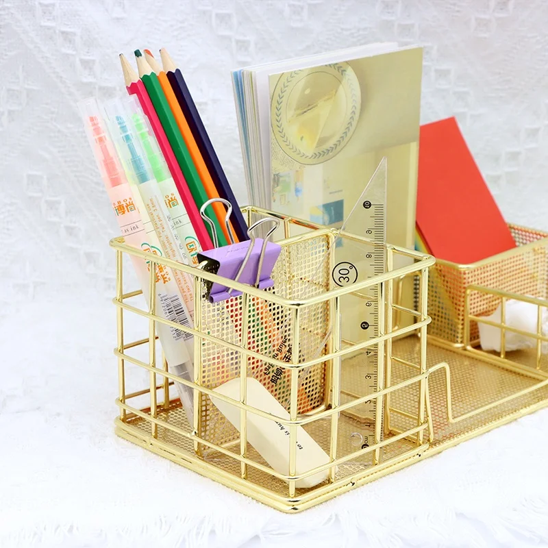 Gold Desktop Storage Manufacturer Custom Books Pens Organizer Basket