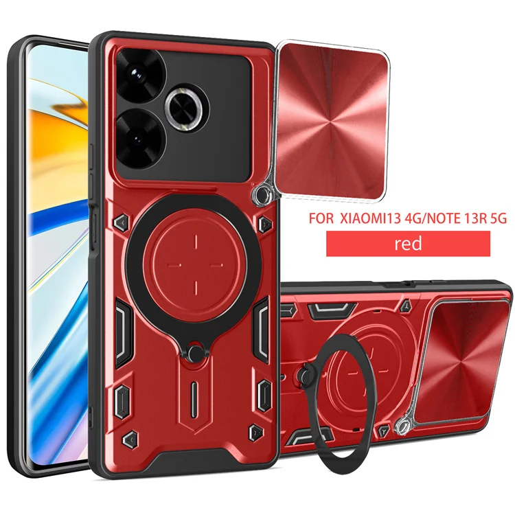 Armor Magnetic Ring Stand Phone Case Slide Window Camera Lens Protection Cover For Redmi 13/Note 13R/Poco M6 4G