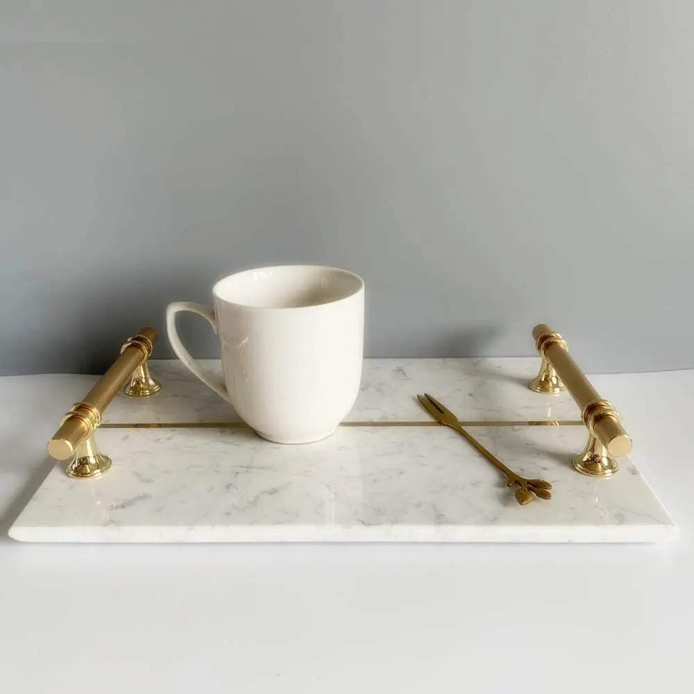 Сервисный поднос для отеля и дома из инкрустированной медной полосы натурального мрамора украшение