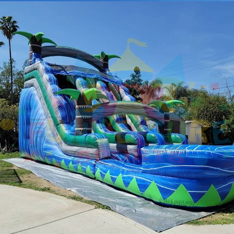 18 ft commercial grade backyard kids entertainment jumper castle  toboggan gonflable inflatable blue dual lane waterslide