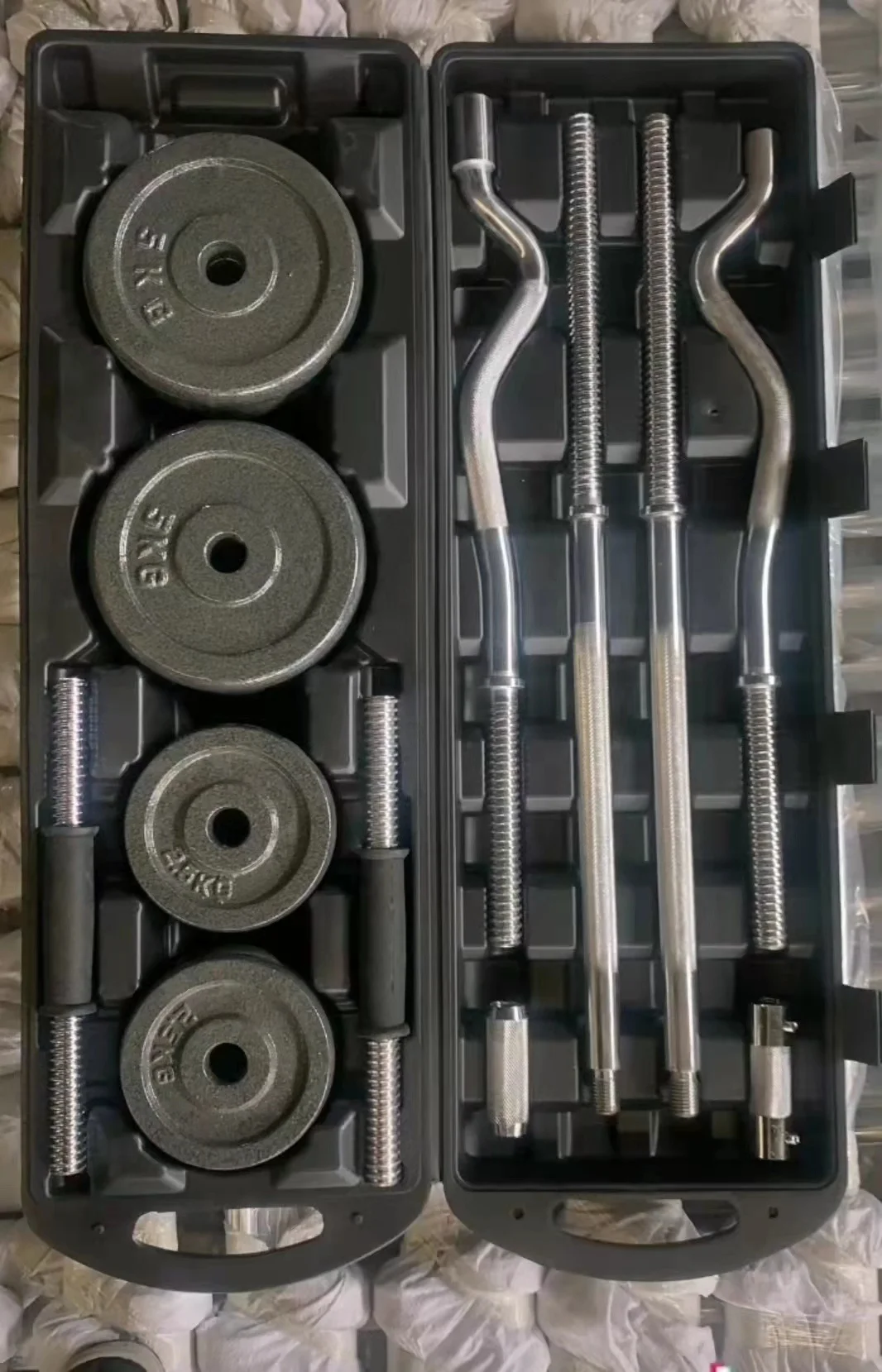 Weight Lifting Free Weights Adjustable 55kg Black Paint Barbell Dumbbell Set with Case