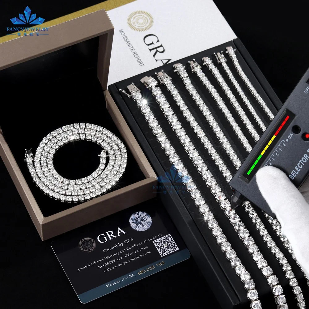 In Stock Hip Hop Iced Out D Color VVS 925 Sterling Silver 2mm 3mm 4mm 5mm Moissanite Diamond Tennis Bracelet Chain Necklace