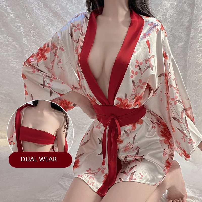 wholesale Japanese dual wear Kimono printed satin  night robe sexy women sleepwear GR1567