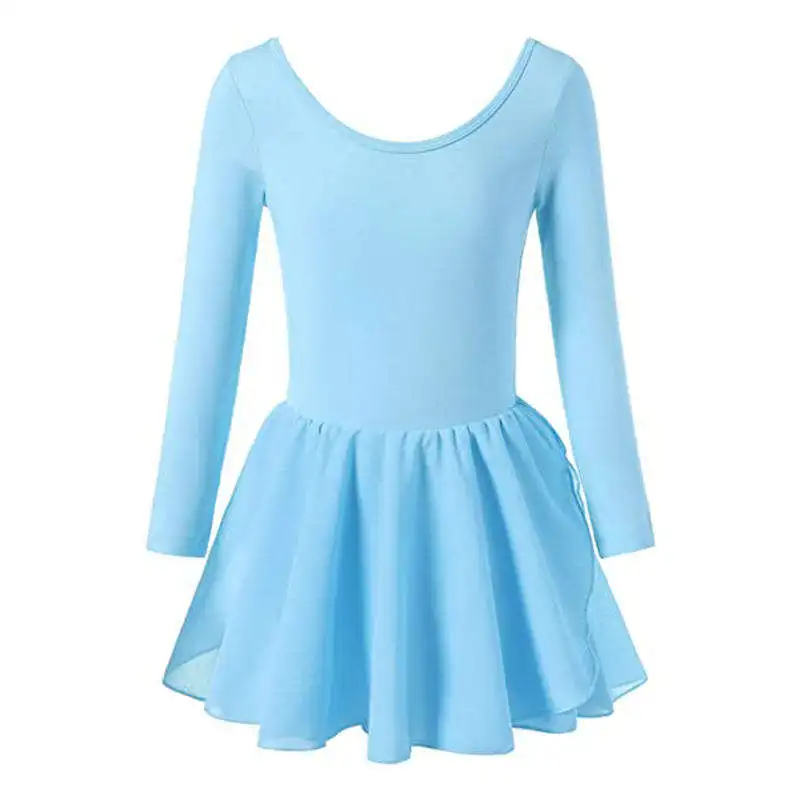 Custom Solid Kids Spring Dance Dress Casual Long Sleeve Spandex Cotton Knitted Top with Chiffon Skirt Dresses Clothes