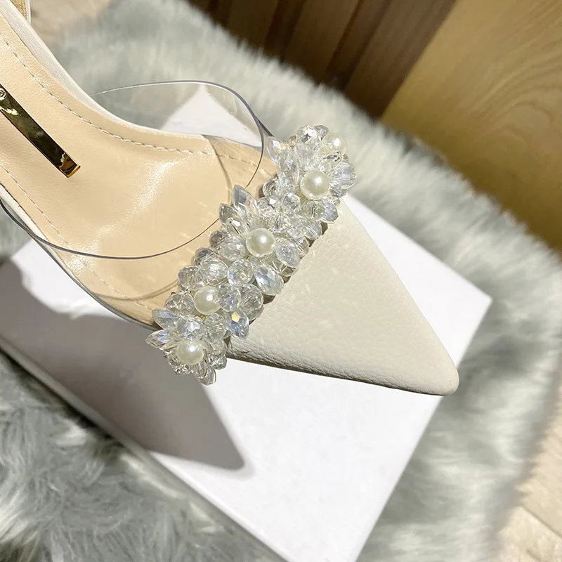 Closed Point Toe Transparent Clear Crystal Rhinestone Heels For Ladies Wholesale Bridal Wedding High Heels Sandals