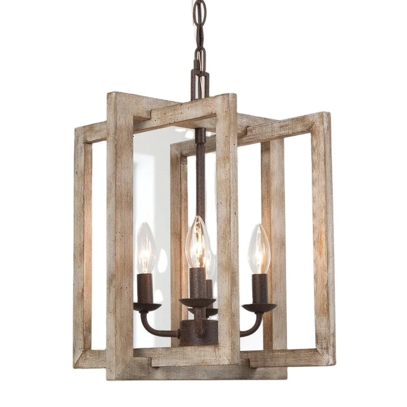 American Rustic Retro Chandelier Square wrought iron and wood art Pendant Light for Dinning Room