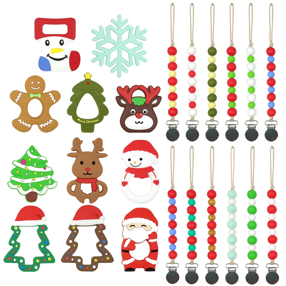Christmas Teether Silicone Pacifier Clip Baby Teething Beads Soothie Binky Holder Teether Toys Birthday Christmas Shower Gift