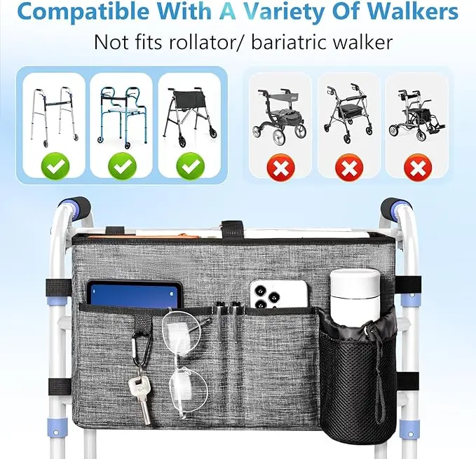 Walker Basket with Cup Holder Foldable Walker Storage Bag for Seniors with Big Capacity wheelchair Storage Bag