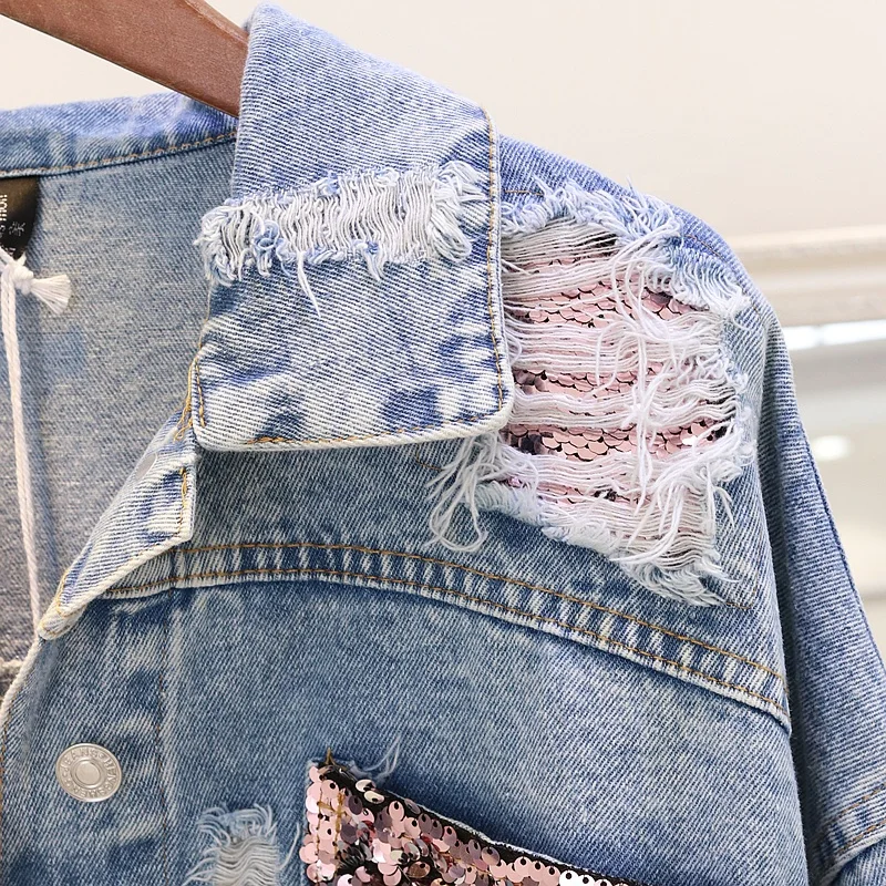 Модная Джинсовая куртка с блестками на заказ, джинсовая куртка с потертыми блестками, женская джинсовая куртка, сделано в Китае