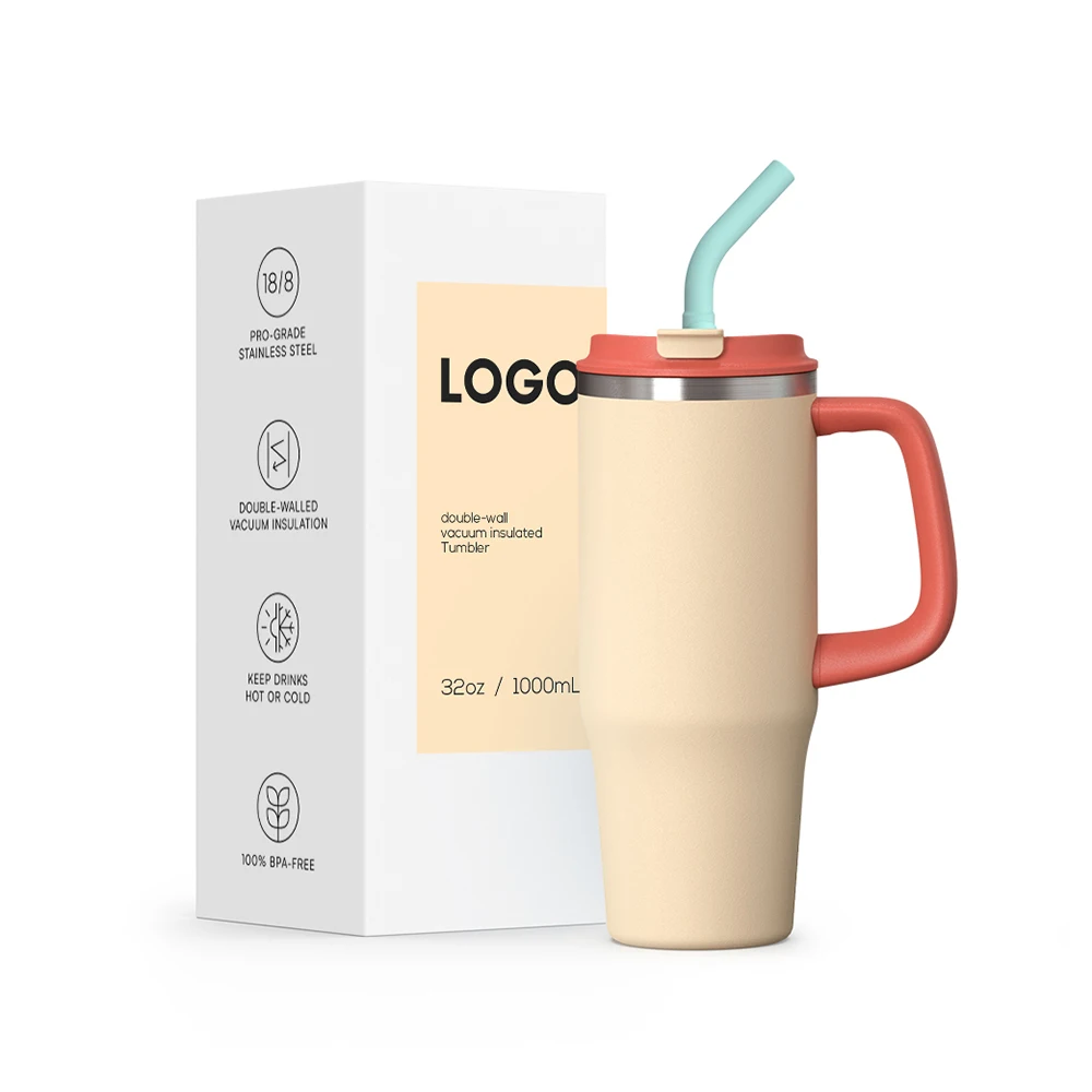 BPA free Ice Coffee Cup 304 Stainless Steel Insulated Double Wall Coffee Mug with Handle and Straw
