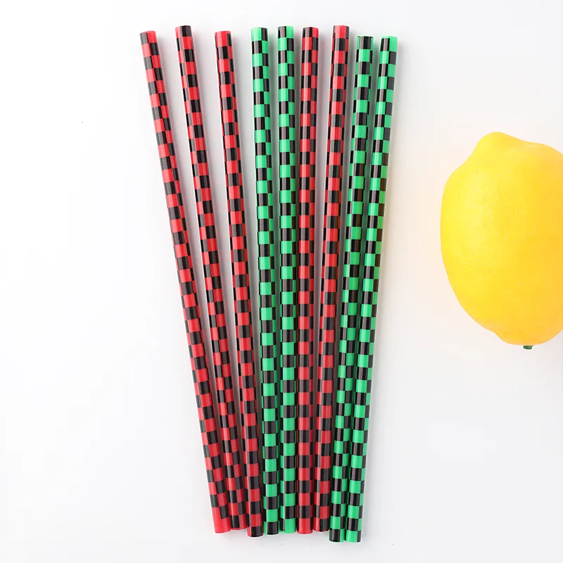 10 inches red & black checkered straws, reusable PP hard plastic printed straws with decorative design, lattice printed straw