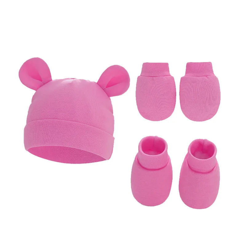 0-6 Month Newborn Baby Hat Ears Baby Knitted Beanie Hats Socks with Baby Teething Glove Set