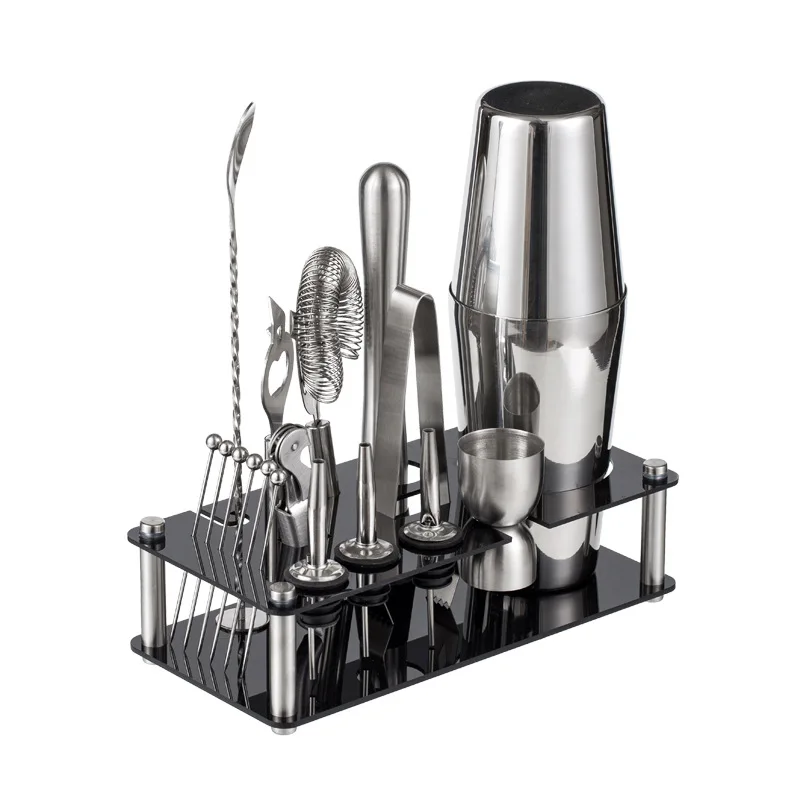 Bartender Kit Barware Cocktail Professional Stainless Steel Bar Tools Kit Shaker Set With Stand
