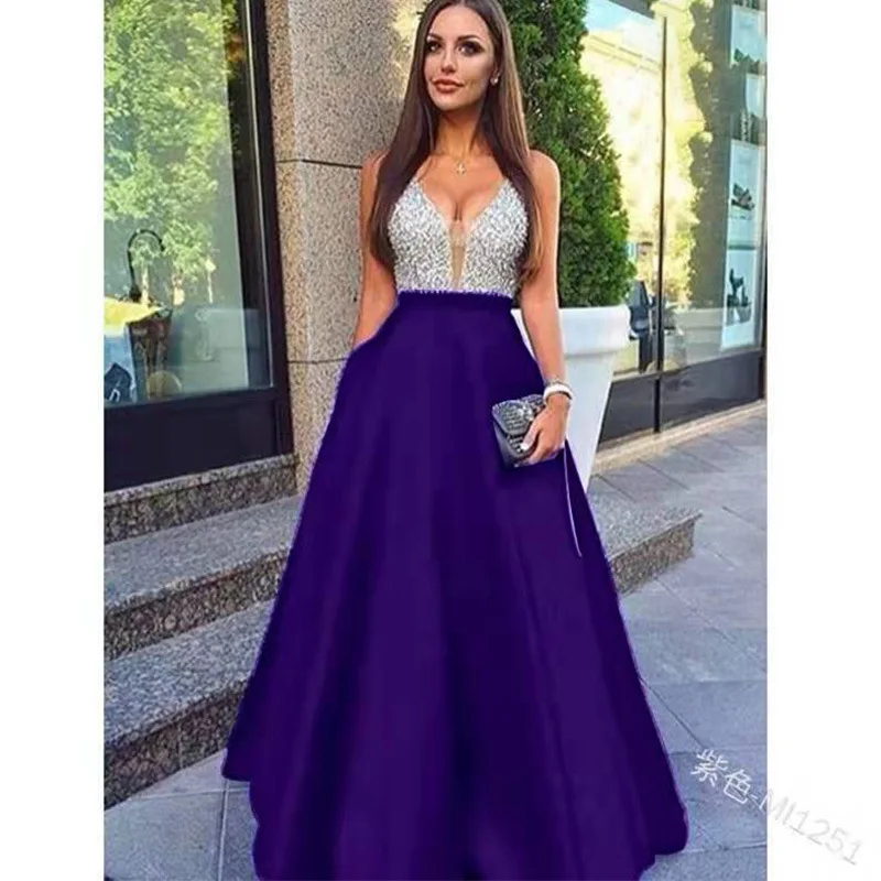 Blue chiffon bridesmaid porm dresses long Satin A-Line wedding Party dress bridesmaid dresses woman