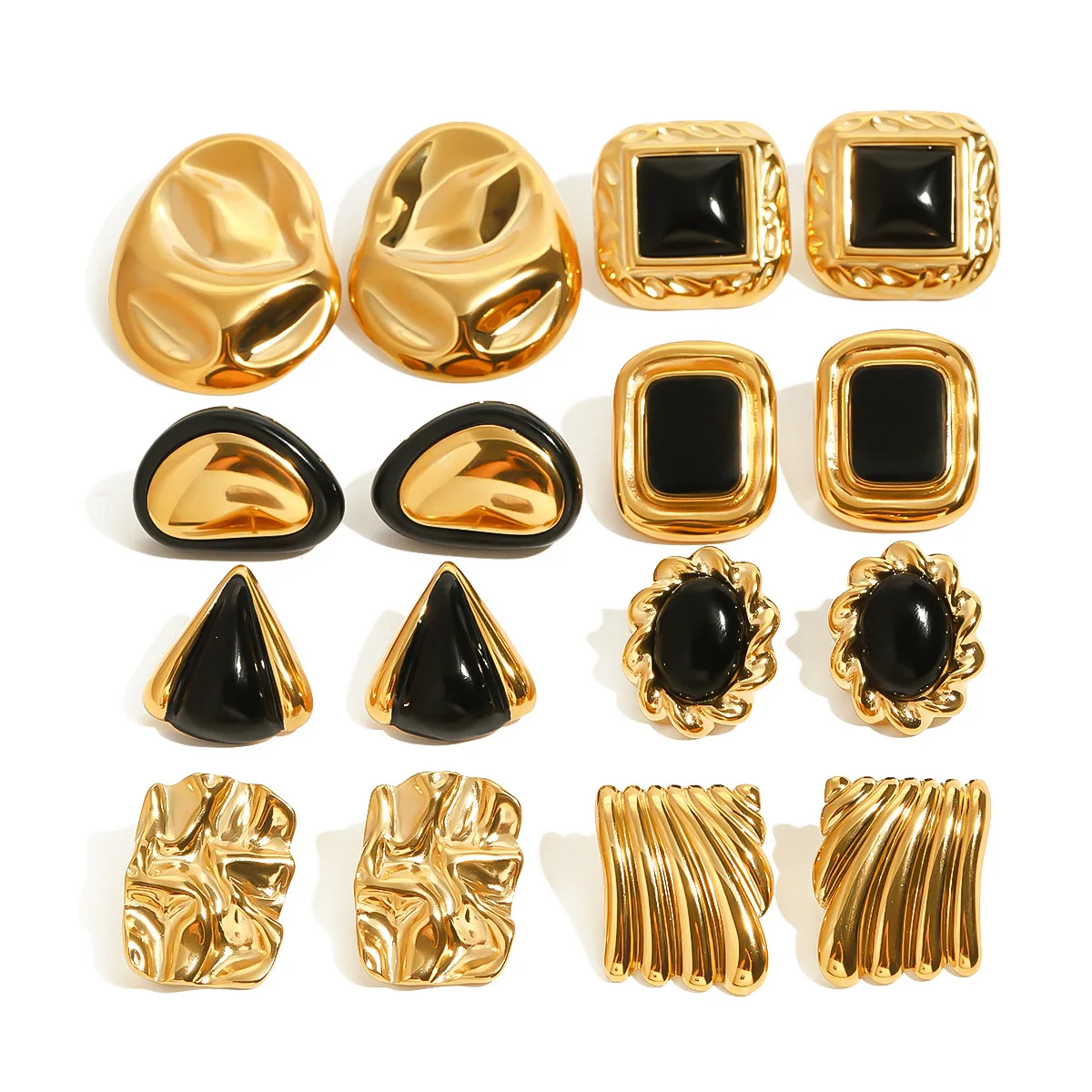 QS Fashion Earrings Set Jewelry 18K Gold Plated Stainless Steel Geometric Chunky Hammered Black Agate Earrings