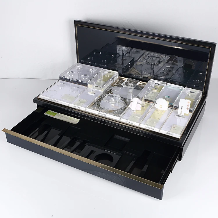 OEM Retail Luxury Acrylic Cylinder Organizer Rack Cosmetic Makeup Skincare Products LED Display Stand