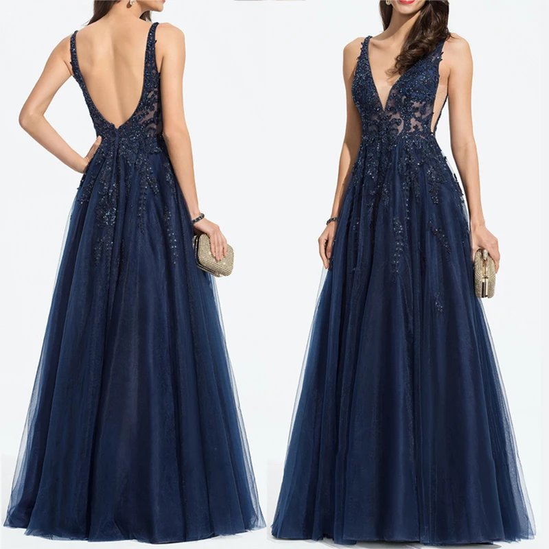 Hot Selling Lace Embroidery A Line Skirt Deep V Neck Girls prom dresses evening ball gowns